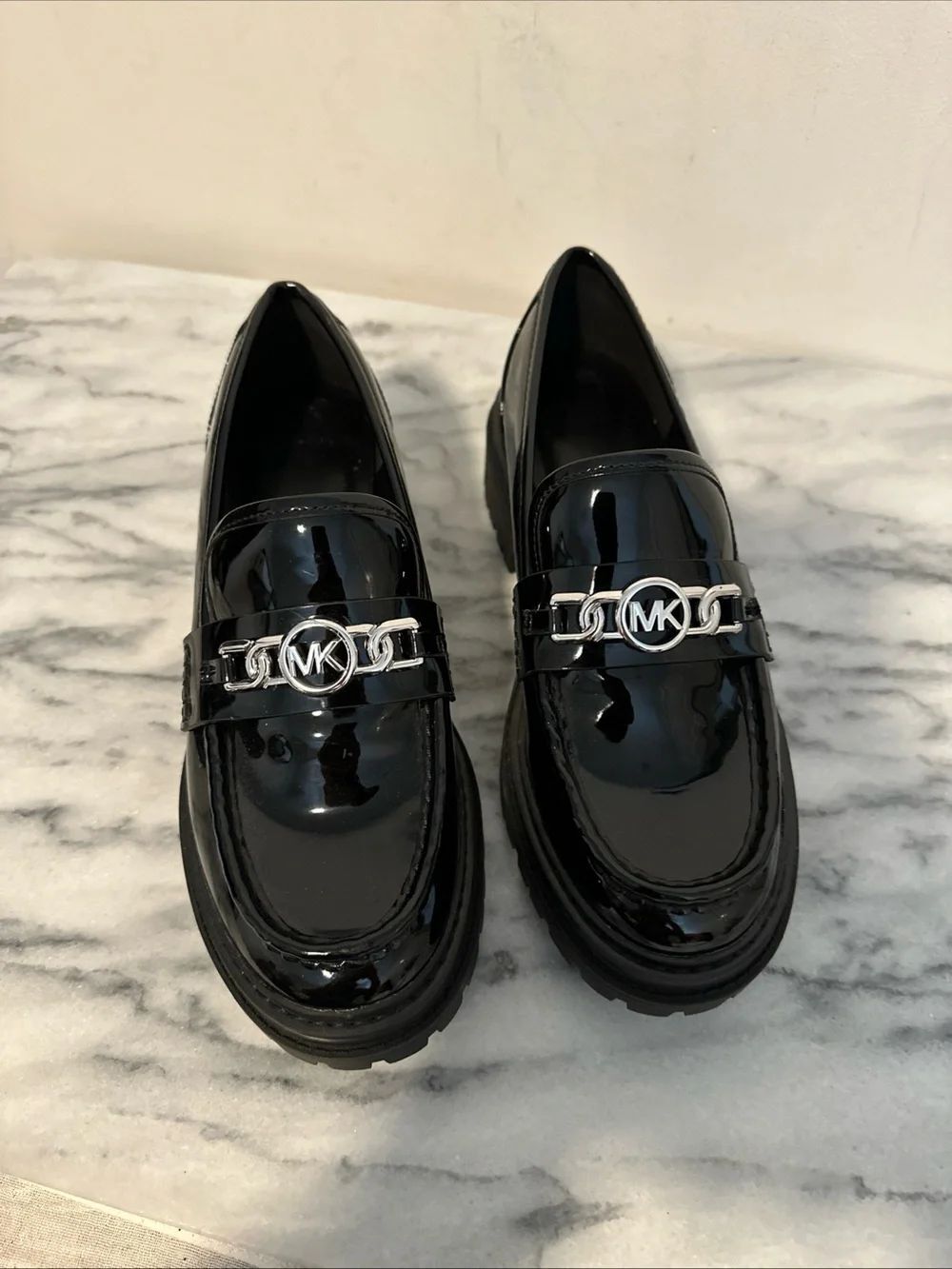 Michael Kors Black Patent Leather MK Logo Penny Loafers womens sz 6.5